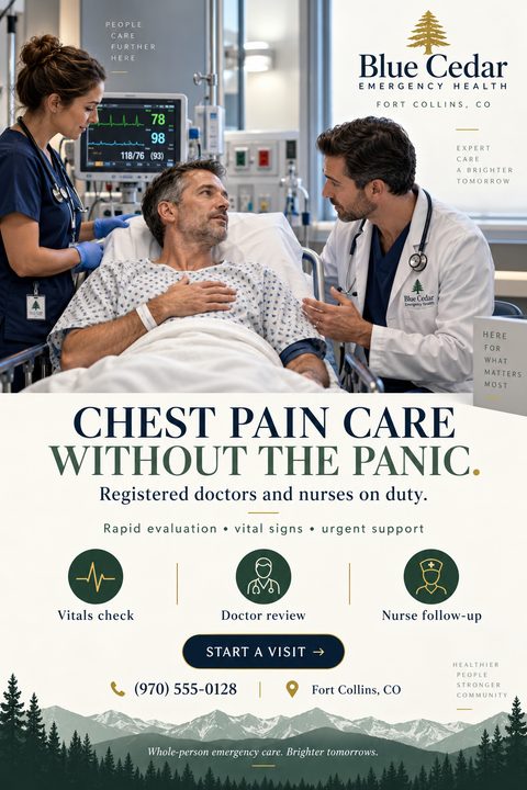 Emergency Medical Care Clinic Flyer template featuring a photo of a doctor and nurse attending to a male patient in a hospital bed. Below, text reads 'Chest Pain Care Without The Panic' with icons for vitals check, doctor review, and nurse follow-up.