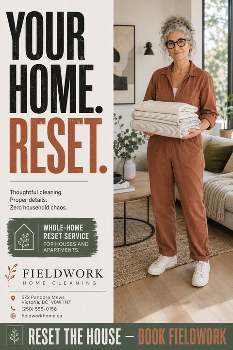 A home cleaning flyer featuring bold, distressed text reading 'YOUR HOME. RESET.' on a cream background, alongside a photo of a woman holding folded linens in a modern living room.