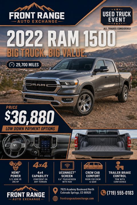 A used truck sales flyer with a navy and copper color scheme. It features a large photo of a grey truck against a mountain backdrop, interior shots, price details, and vehicle feature icons.