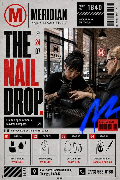 A gritty, streetwear-style nail salon flyer featuring bold red and black typography, a photo of a nail tech working, distressed textures, a blue spray paint splash, and a grid layout for service prices.