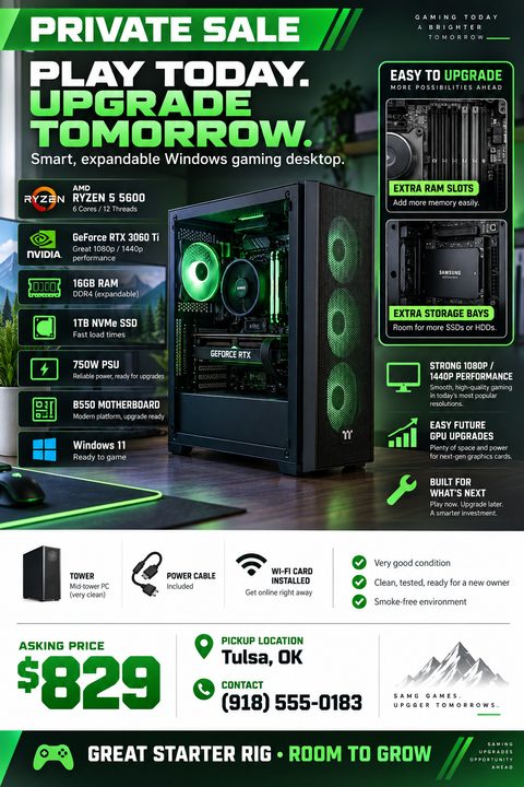 A dark-themed flyer with neon green accents advertising a private sale for a gaming desktop. It features a large photo of a PC tower with glowing green fans, detailed tech specs like CPU and GPU, upgrade options, and a price of $829 at the bottom.