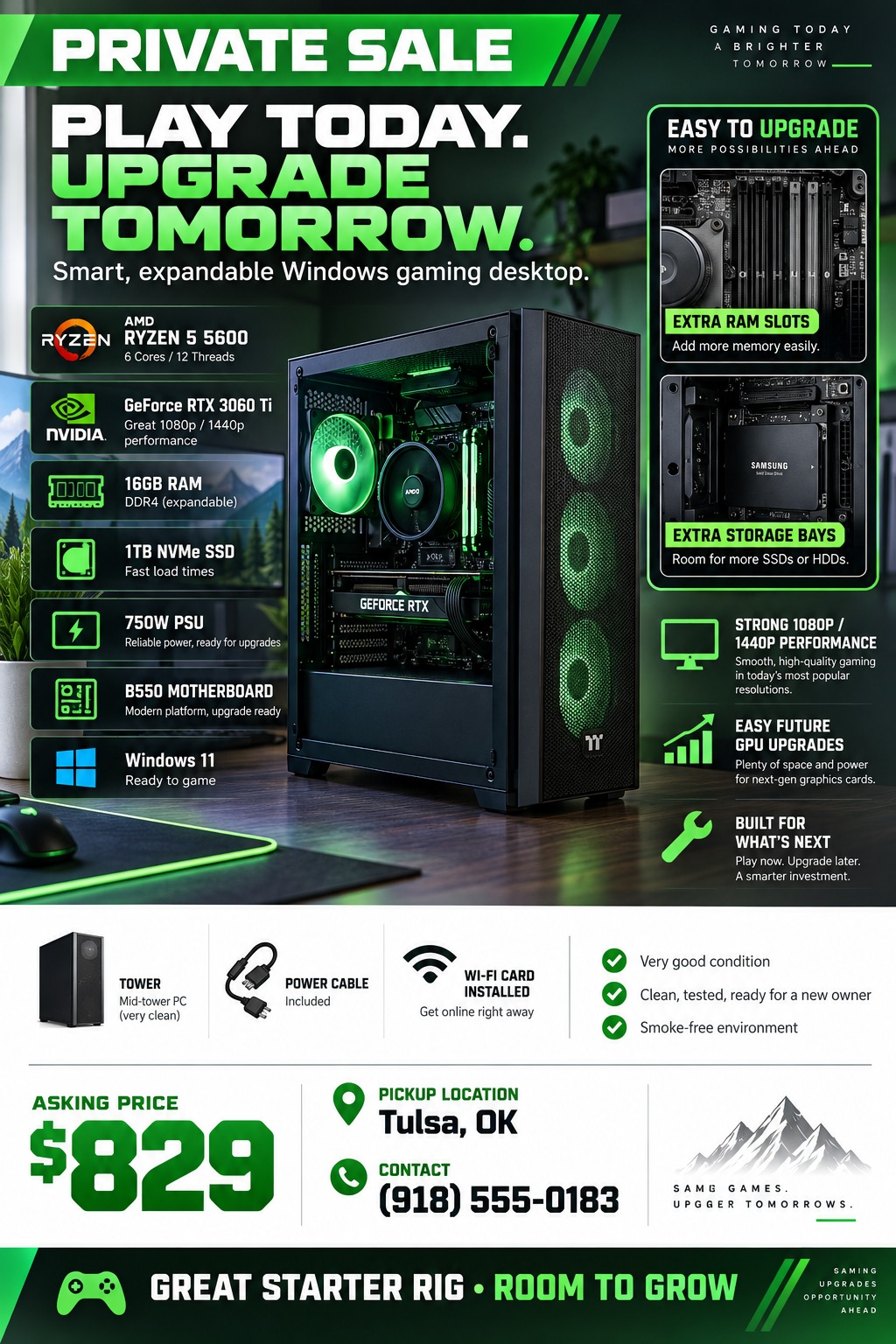 A dark-themed flyer with neon green accents advertising a private sale for a gaming desktop. It features a large photo of a PC tower with glowing green fans, detailed tech specs like CPU and GPU, upgrade options, and a price of $829 at the bottom.