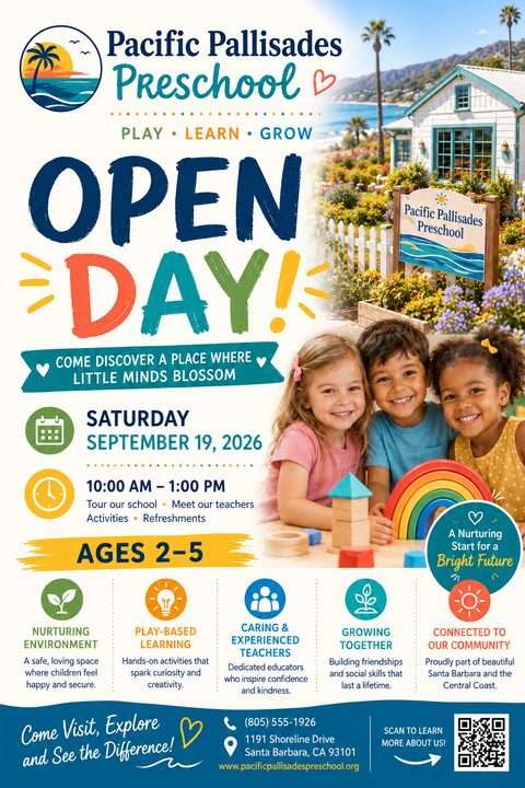 A bright and colorful flyer for a preschool open day featuring a photo of a coastal school building and three smiling children playing with wooden blocks and a rainbow toy.