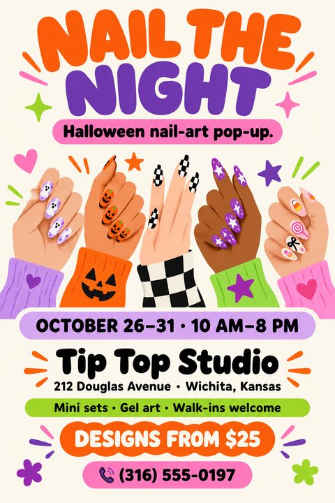 A colorful Halloween nail art flyer featuring five illustrated hands displaying festive manicures like ghosts and pumpkins. Bold orange and purple text advertises a pop-up event with dates, location, and pricing.