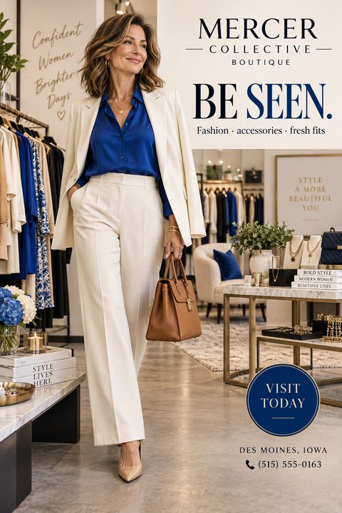 A flyer for a fashion boutique featuring a woman in a white suit walking through a stylish clothing store. A white box contains the boutique name and a navy circle says 'Visit Today'.