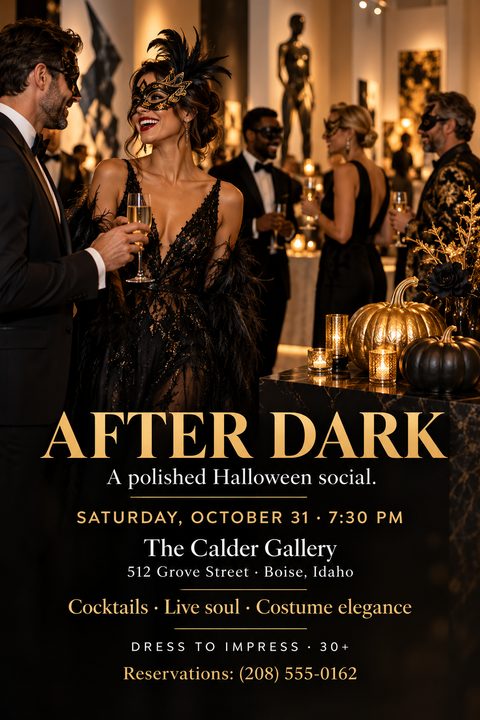 A sophisticated Halloween party flyer featuring a photo of people in elegant black formal wear and masquerade masks drinking champagne. The text is gold and white on a black background, with decorative gold pumpkins.
