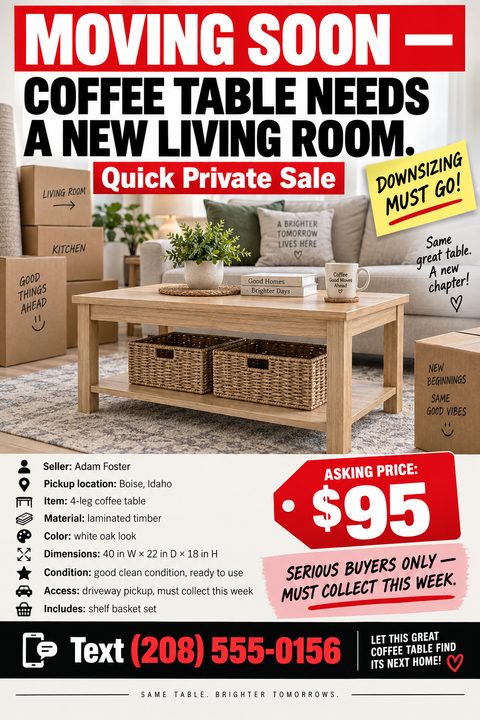 Moving sale flyer for a coffee table. Features a large photo of a light wood coffee table in a living room with moving boxes. Bold red and black text reads 'Moving Soon - Coffee Table Needs a New Living Room'. Includes item details, asking price of.