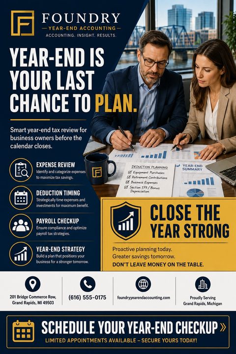 A professional navy blue and gold flyer for year-end accounting services. It features a photo of two business people reviewing financial charts, alongside icons detailing expense review, deduction timing, and payroll checkup.