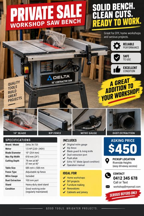 Flyer for a private sale of a workshop saw bench. Features a large photo of a Delta table saw, four smaller detail photos, a specifications table, included items list, asking price of $450, and contact information. Bold red and yellow accents on a.
