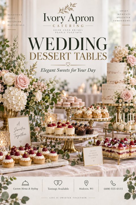 A flyer for Ivory Apron Catering advertising Wedding Dessert Tables. The background is a photo of an elegant dessert table with a tiered cake, cupcakes, tarts, and floral arrangements. Text includes 'Elegant Sweets for Your Day' and contact.