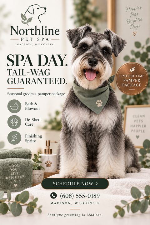 Flyer for Northline Pet Spa featuring a happy Miniature Schnauzer wearing a green bandana. Text reads 'Spa Day. Tail-Wag Guaranteed.' and lists services like Bath & Blowout, De-Shed Care, and Finishing Spritz.