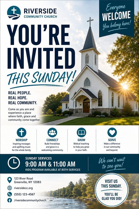 A church invitation flyer featuring a sunlit white church building. The design uses navy blue and white, with large text reading 'You're Invited This Sunday!' and sections for service times and core values.