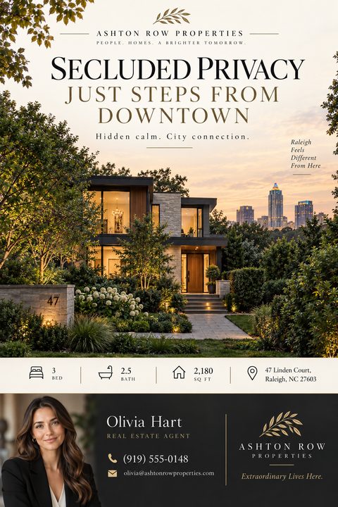 Real estate flyer template with a large photo of a modern luxury home at sunset, elegant typography for the property details, and a dark section at the bottom for the agent's photo and contact information.