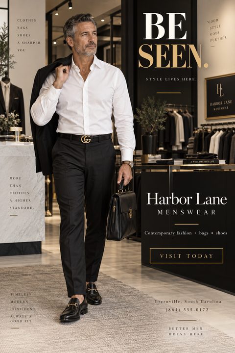 A flyer for a menswear store featuring a man in a white shirt and black trousers walking through a boutique. The text reads 'Be Seen. Style lives here.' and 'Harbor Lane Menswear'.