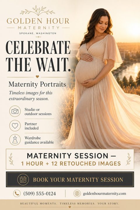 A maternity photography flyer featuring a pregnant woman in a flowing dress at sunset. Text reads 'Celebrate the Wait. Maternity Portraits.' with details on sessions, wardrobe guidance, and booking information.