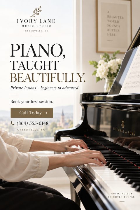 A flyer for piano lessons featuring a person playing a grand piano by a window with a view. The text reads 'Piano, Taught Beautifully. Private lessons - beginners to advanced.'