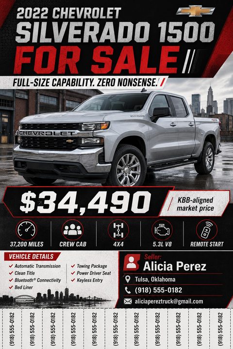 A flyer advertising a 2022 Chevrolet Silverado 1500 for sale. It features a large photo of a silver truck, a price of $34,490, vehicle details with icons, seller contact info, and tear-off phone number tabs at the bottom. The design uses bold red.