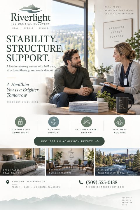 Flyer template for a residential recovery center. The top half features a large photo of a man and a female therapist talking in a bright room. Below are four icons for confidential admissions, nursing support, evidence-based therapy, and wellness.