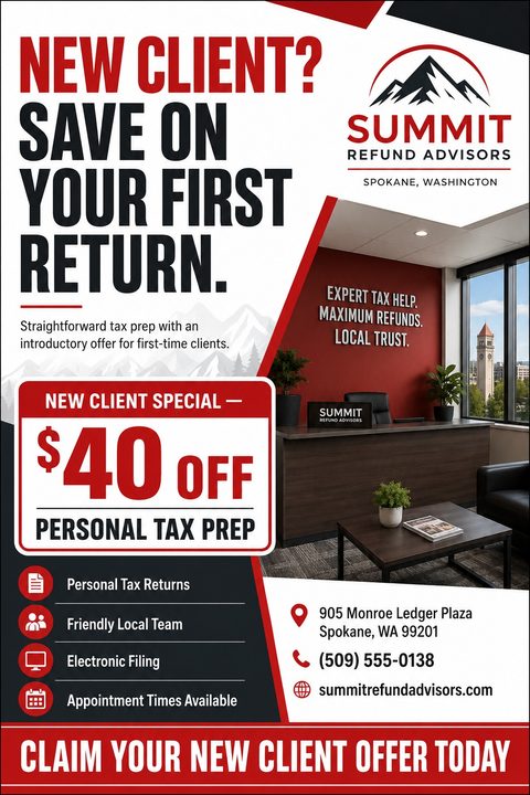 Flyer for tax preparation services featuring a bold red and black design. Text reads 'New Client? Save on your first return.' with a $40 off special. Includes a photo of a modern office reception area.
