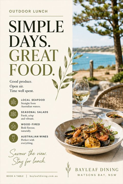 A split-layout flyer for a restaurant. The left side has a cream background with dark green text reading 'Simple Days. Great Food.' and a list of menu highlights. The right side features a photo of a seafood dish and a glass of white wine on an.