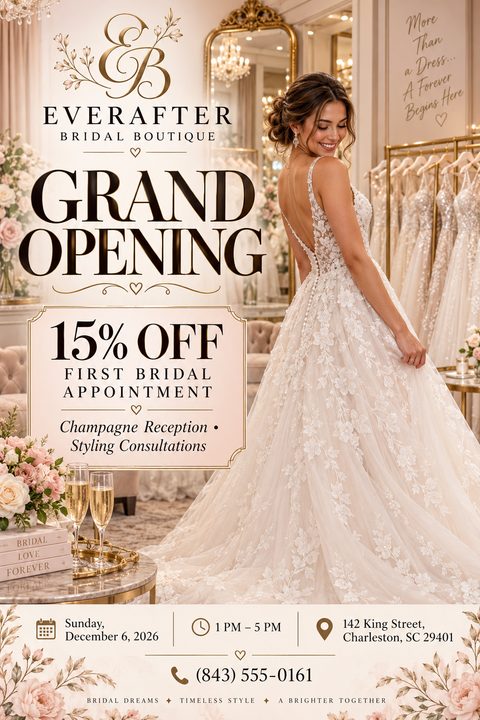 A grand opening flyer for a bridal boutique featuring a woman in a lace wedding dress. The elegant design uses cream, gold, and soft pink tones, highlighting a fifteen percent off appointment discount.
