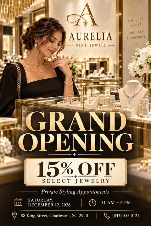 A luxurious grand opening flyer for a jewelry store featuring a woman admiring diamond necklaces in a brightly lit, gold-accented display case, with bold gold typography announcing a discount offer.