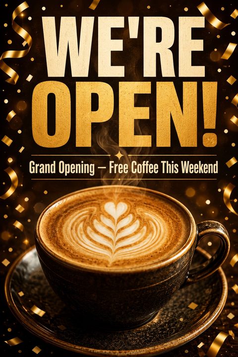 A flyer with large text reading 'WE'RE OPEN!' in gold and cream. Below it says 'Grand Opening - Free Coffee This Weekend'. The background is dark with gold confetti and ribbons falling around a large, steaming cup of coffee with latte art.