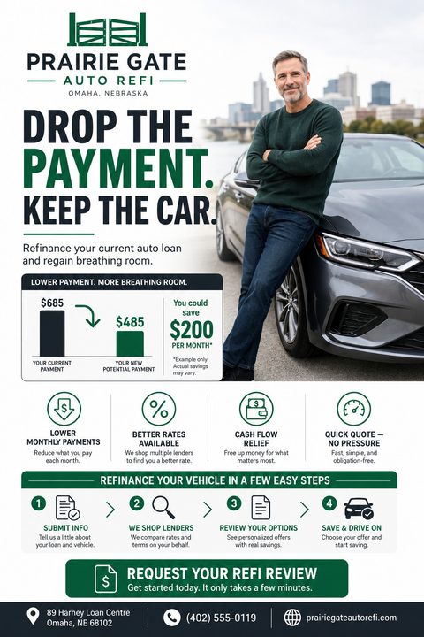 A promotional flyer for auto refinancing featuring a man leaning on a car, a bar chart showing monthly savings, and step-by-step icons in dark green.