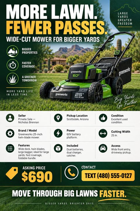 A private sale flyer for a lawnmower featuring a large photo of a green mower on grass. The design uses dark green headers and footers with a white grid for product specifications and price.