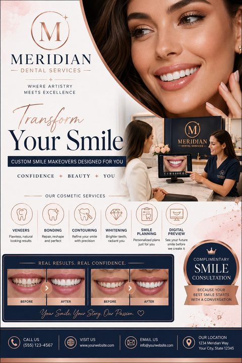 Elegant dental flyer in navy and rose gold. Features a smiling woman, a consultation scene, cosmetic service icons, and before-and-after smile photos. Includes a complimentary consultation badge and contact details at the bottom.