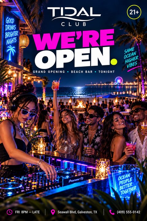 A vibrant flyer for a beach club grand opening featuring a female DJ playing music while a crowd of young adults dances and drinks at a beachside bar at night. The text 'WE'RE OPEN' is prominently displayed in large pink and white letters.
