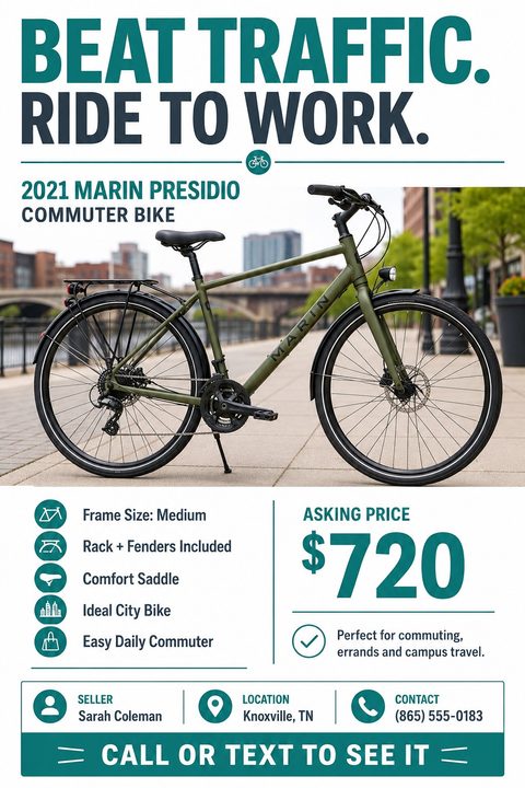 Flyer for a bike for sale. Large text reads 'Beat Traffic. Ride to Work.' above a photo of a green commuter bike. Below are bullet points for specs, an asking price, and seller contact info.