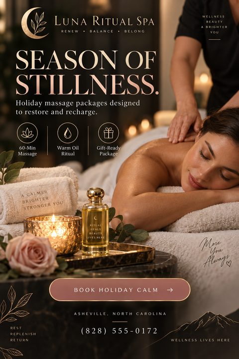A relaxing spa scene with a woman receiving a back massage, accompanied by a lit candle, a rose, and massage oil. Text promotes 'Season of Stillness' holiday massage packages.
