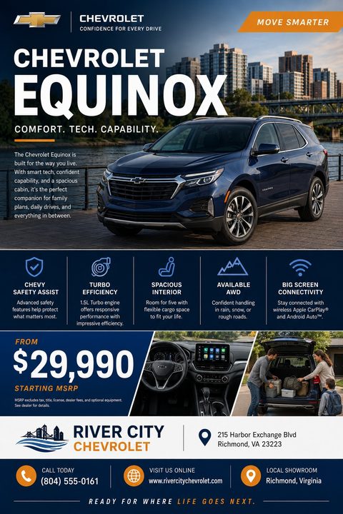 Car dealership flyer featuring a blue SUV parked by a river with a city skyline in the background. Includes sections for key features with icons, starting MSRP, interior and lifestyle photos, and dealership contact information.