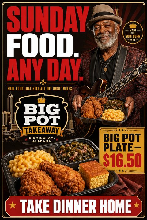 Flyer for Big Pot Takeaway in Birmingham, Alabama, featuring a man with a guitar holding a plate of soul food, with a large image of a fried chicken dinner below.