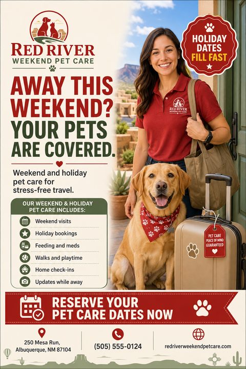 Flyer for Red River Weekend Pet Care. A woman in a red polo shirt stands next to a golden retriever and a suitcase. Text reads 'Away this weekend? Your pets are covered.' and lists services like weekend visits, feeding, and walks.
