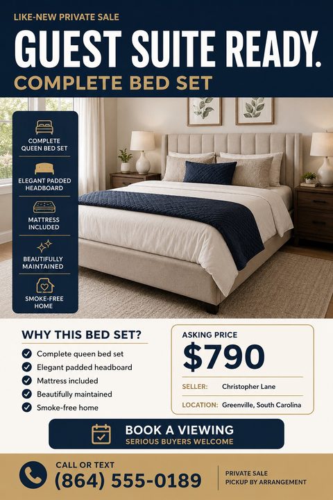 A modern private sale flyer featuring a large photo of a queen bed set. The design uses a sophisticated navy blue and gold color palette with feature icons, pricing, and contact details below.