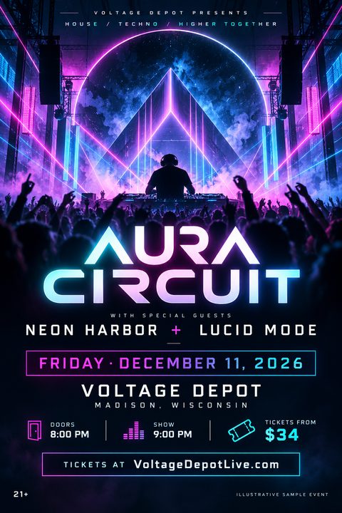 A vibrant neon concert flyer featuring a silhouette of a DJ performing for a large crowd under bright pink and blue laser lights, with bold futuristic text for the event details.