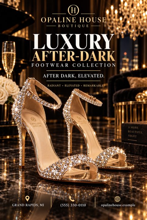 A glamorous flyer for a luxury footwear collection featuring a pair of gold, crystal-embellished high heels on a reflective black marble floor. The background shows a dimly lit, elegant room with a chandelier and a grand piano. Text reads 'Opaline.