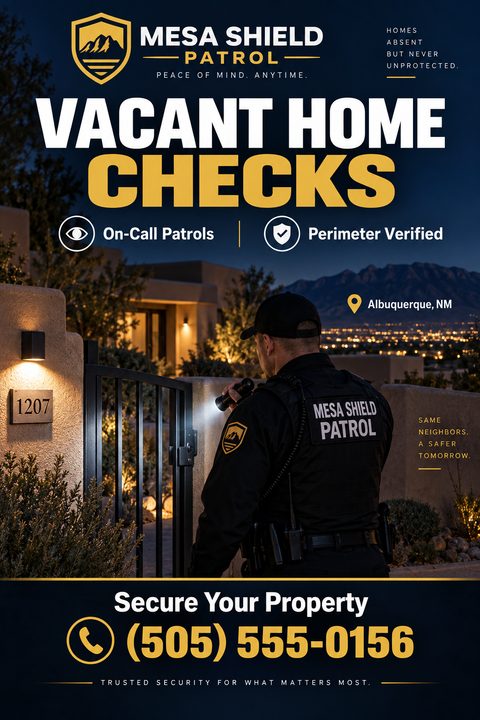 A security patrol flyer template with a photo of a security guard shining a flashlight on a gate at night. The text reads 'Vacant Home Checks' with icons for 'On-Call Patrols' and 'Perimeter Verified'.