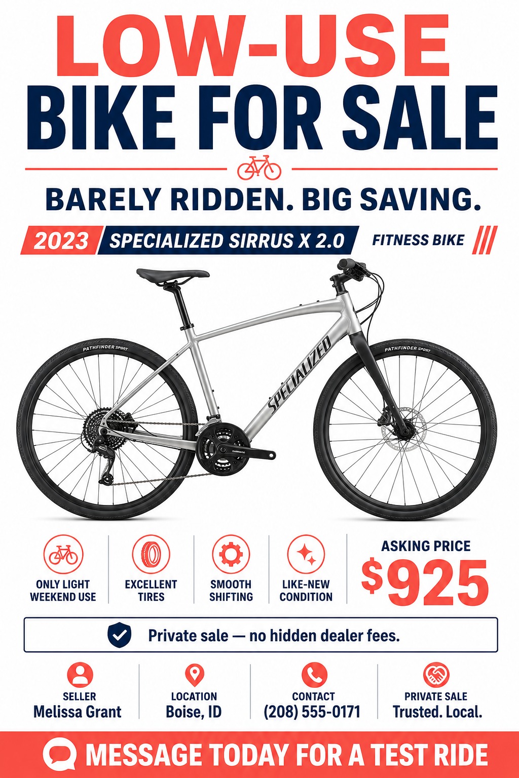 A bold red and navy blue flyer advertising a low-use bike for sale. It features a large silver bicycle photo, feature icons, asking price, and seller contact details at the bottom.