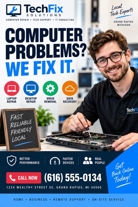 Computer repair flyer template with bold text 'Computer Problems? We Fix It.', service icons for laptop repair, desktop repair, virus removal, and data recovery, and a photo of a smiling technician repairing a laptop.