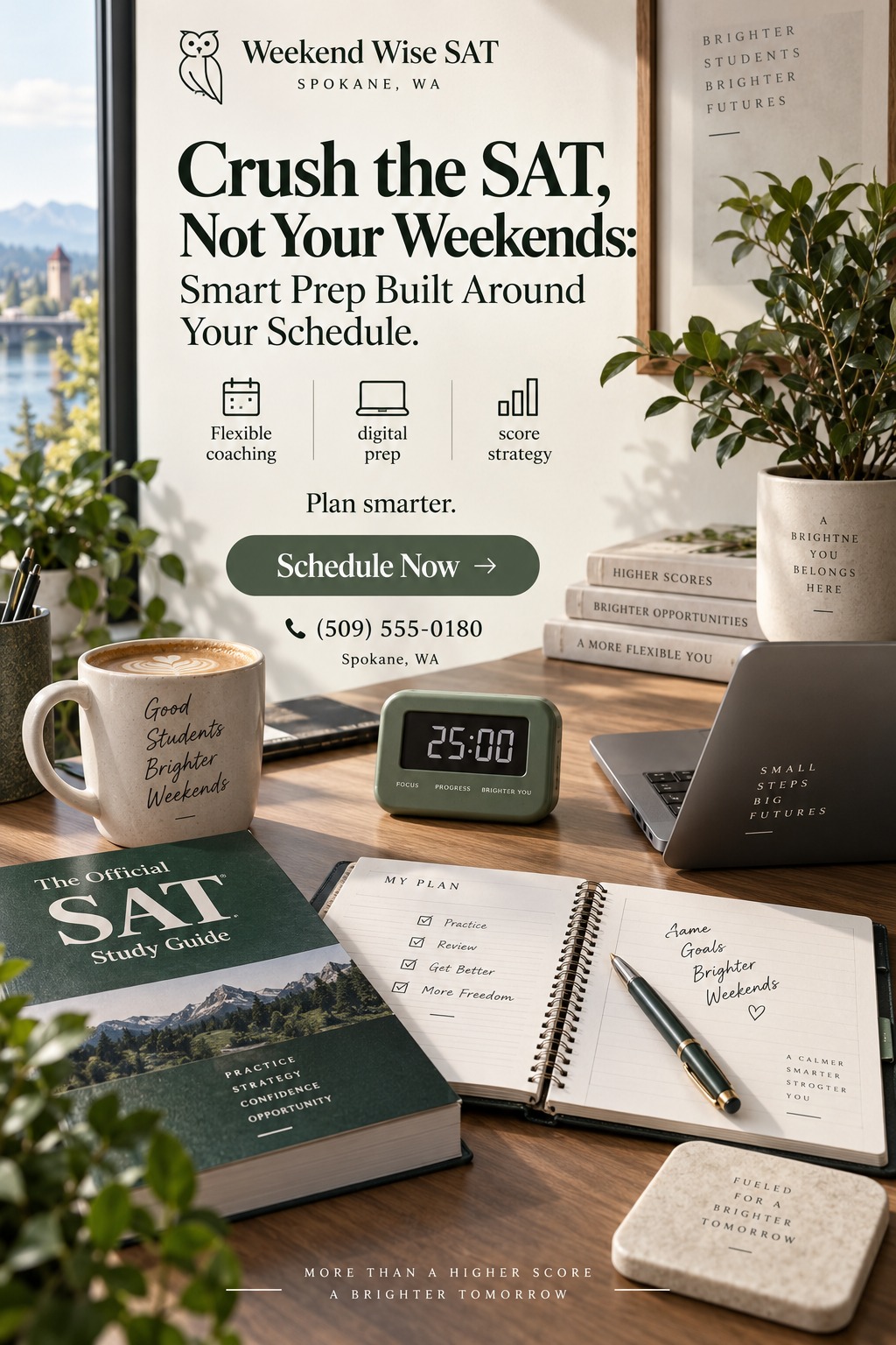 A cozy study desk setup with a coffee mug, SAT study guide, notebook, laptop, and digital clock. Above the desk, a beige poster displays SAT prep tutoring services, features, and contact information.