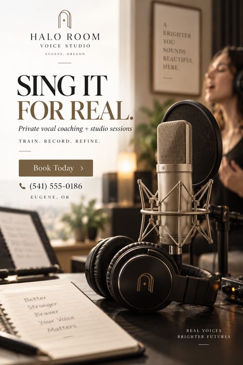Flyer for a voice studio offering private vocal coaching and studio sessions. The background image shows a professional studio microphone and headphones on a desk, with a woman singing in the background.