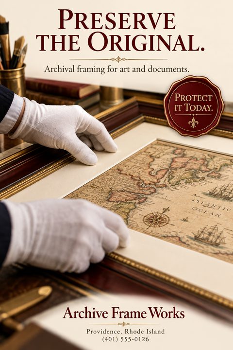 A flyer for archival framing services. The top text reads 'Preserve the Original. Archival framing for art and documents.' A photo shows gloved hands placing a mat over an antique map in a wooden frame. A red seal says 'Protect it Today.' The bottom.