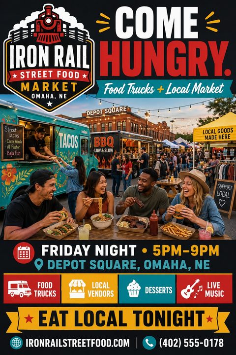 Flyer for a street food market featuring a photo of people eating at picnic tables in front of food trucks. Text reads 'Come Hungry. Food Trucks + Local Market' with event details below.