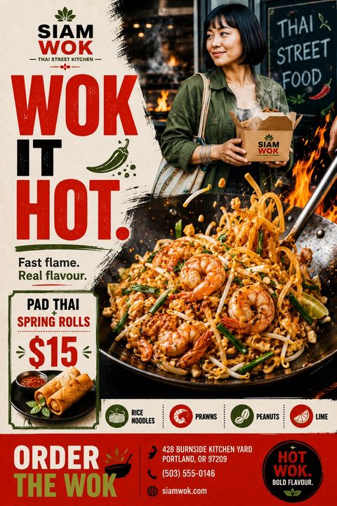 Flyer for Siam Wok Thai Street Kitchen. Large text reads 'Wok It Hot. Fast flame. Real flavour.' Features a large photo of pad thai with shrimp in a wok, and a woman holding a takeaway box. Includes a $15 meal deal for Pad Thai and Spring Rolls.