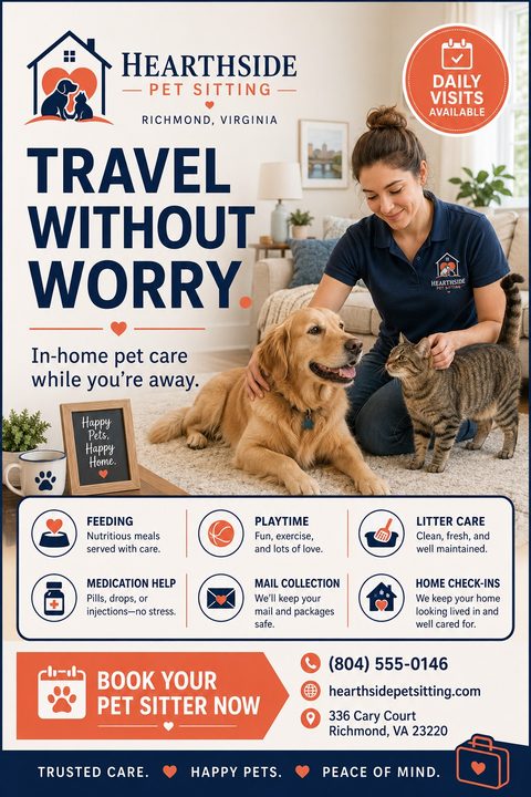 Flyer for Hearthside Pet Sitting. A woman pets a golden retriever and a tabby cat in a living room. Text reads 'Travel without worry. In-home pet care while you're away.' Icons list services like feeding, playtime, and litter care.