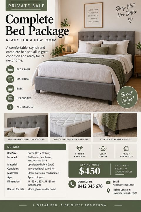A private sale flyer for a bed package featuring a large photo of a grey upholstered bed, three smaller detail photos, a specifications list, and a prominent asking price in a green box.