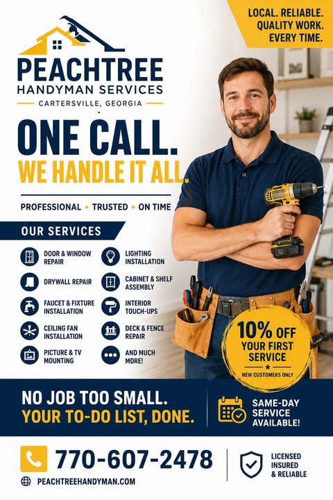 Flyer for Peachtree Handyman Services with a photo of a smiling handyman holding a drill. Text reads 'One Call. We Handle It All.' Includes a list of services, a 10% off coupon, and contact information.